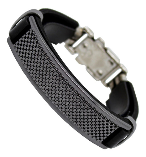 Pulseira Masculina Executiva Couro Luxo Placa Quadriculada