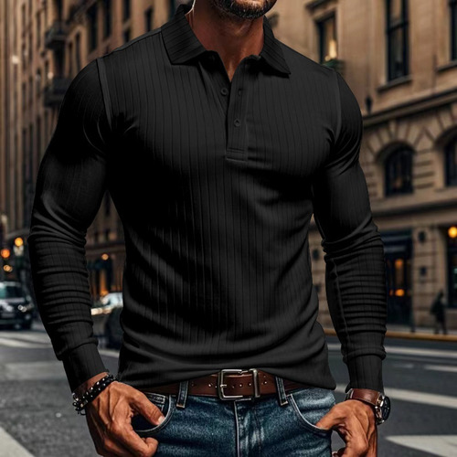 Camisa Polo Casual Manga Comprida Com Lapela Botões Waffle S