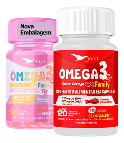 Kit 2 Ômega 3 Peixinho 33 Epa 22 Dha Family Global 120 Cáps Cereja