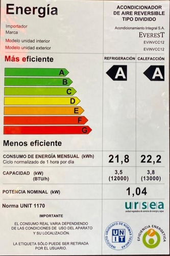 Imagen 2 de 2 de Aire Acondicionado Everest Inverter 12000 Btu Eficiencia A Gas Ecológico