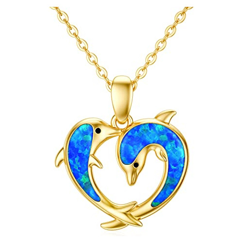 Collar De Oro Real 14k Con Delfín Y Corazón De Ópalo Azul