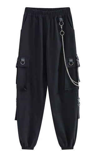 Techwear Emo Pantalones Cargo Negros Con Cadena Gótica