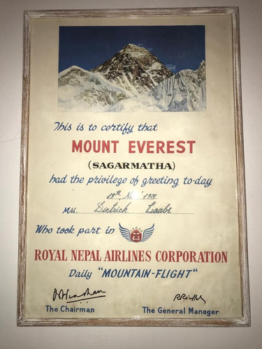 Vintage! Certificado Enmarcado Vuelo Al Monte Everest 1971 