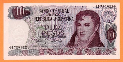 Billete 10 Pesos Ley, Bottero 2356, Año 1975 Exc + 