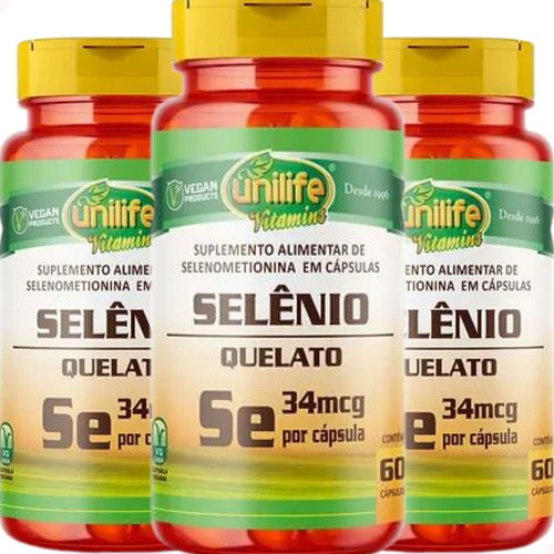 Kit 3 Selênio Quelato 34 MCG 60 Cápsulas Unilife Vitamins Vegano Sem Sabor