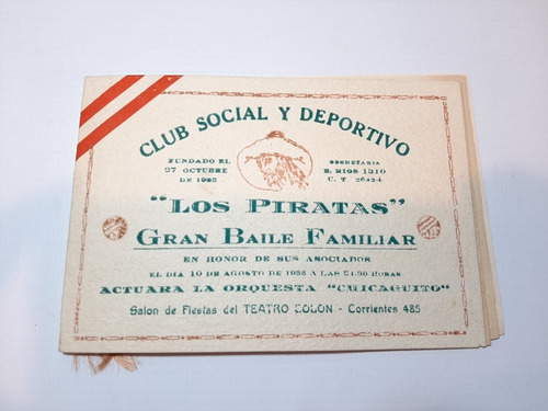 Imagen 1 de 5 de Rosario Club Los Piratas Invitación Baile Familiar Ro 1315
