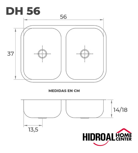 Imagen 2 de 4 de Bacha Para Cocina Doble Acero Inoxidable Pileta 56x37x13 Cm