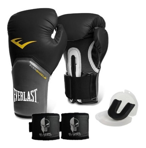 Kit Luva Everlast Preta Boxe E Muay Thai + Bandagem E Bucal