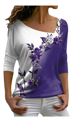 Camiseta De Mujer Con Estampado De Flores Sueltas Con Cuello