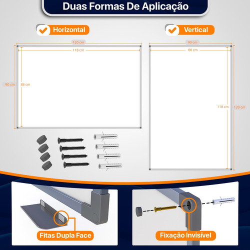 Lousa Quadro Branco Moldura De Aluminio Soft 120x90 Cm + Kit