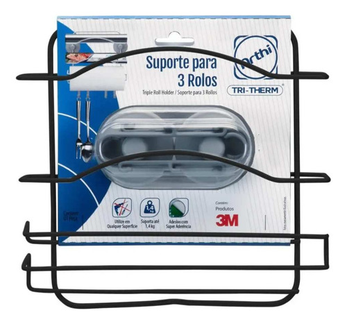 Porta Papel Cozinha 3 Em 1 Parede Fixação C/ Dupla Face 3m Preto