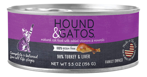 Hound & Gatos Wet Cat Food, 98% Pavo E Higado, Caja De 24, L