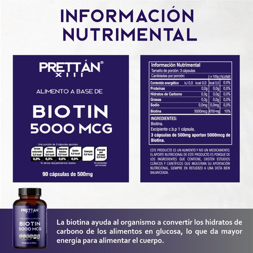 Biotina Suplemento Cabello Y Uñas 500mcg 90 Cápsulas Prettan