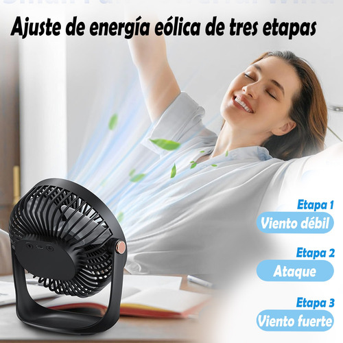 Ventilador De Escritorio Recargable Con Luz Nocturna Usb 16 Cm Negro