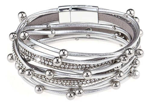 Brazalete De Cuero Multicapa Gleamart Con Abalorios, Brazale