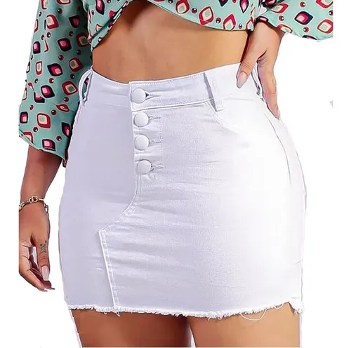 Saia Jeans Branca Feminina Desfiada Elastano Curta