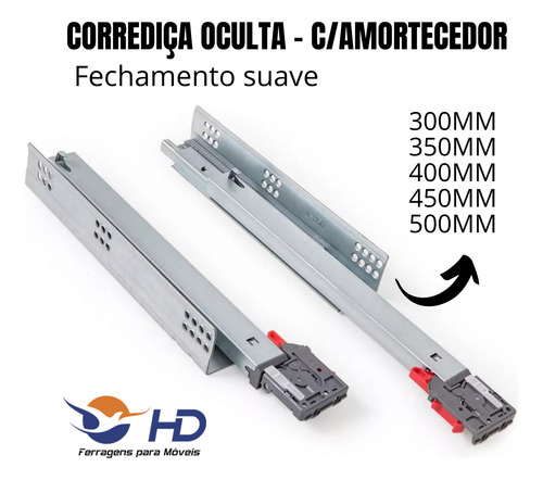 Caixa 10 Par Corrediça Invisível Oculta C/ Amortecedor 50cm