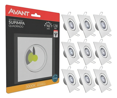 Kit 10 Spot Led Cob Embutir Quadrado 12w Supimpa Avant 3000k Cor Amarelo