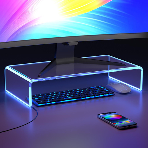 Soporte Acrilico Para Monitor Computadora Juego Tira Luz Led