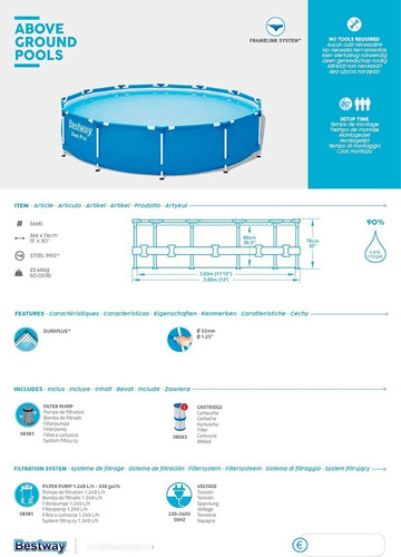 Imagen 9 de 9 de Pileta Estructural Bestway 56681 Capacidad 6473 Litros 3.66m