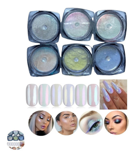 Kit 6 Pó Sereia Cromado Decoração De Unhas E Maquiagem Cor Colorido