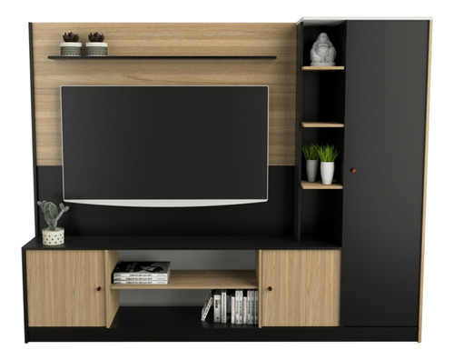 Rack Modular Centro + Panel Led Tv Con Soporte Melamina Color Olmo Negro