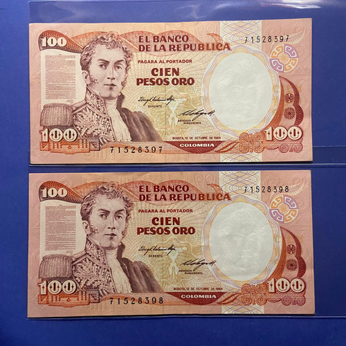 2 Billetes 100 Pesos Oro Consecutivos De 12 Octubre De 1984