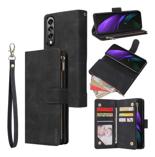 Funda Para Galaxy Z Fold 3 Cuero Negra Tapa Billetera