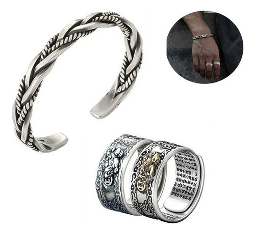 Pulsera Abierta Trenzada Hecha A Mano +2pcs Anillo Ajustable