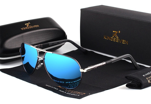 Óculos De Sol Kingseven De Luxo Estilo Aviador Cor Azul Cor da armação Prateado Cor da haste Preto Cor da lente Azul