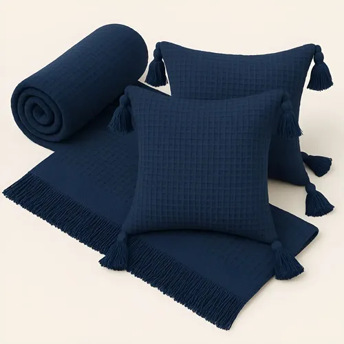 Kit Manta Para Sofá Viena + 2 Capas De Almofada 45x45 Algodão Premium Cor Azul Marinho Geométrico