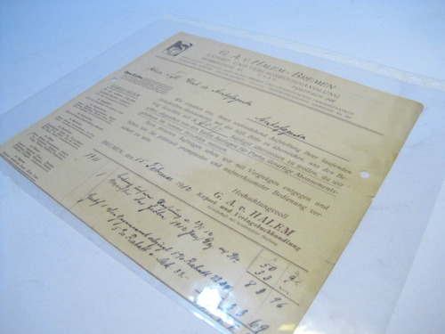 Documento Antiguo.factura Gav Halem Bremen.antofagasta 1912