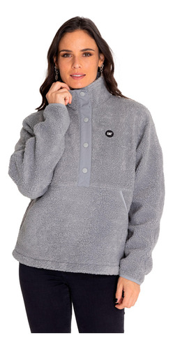 Polar Mujer Sherpa Fleece Snap Front Pullover Gris Cat