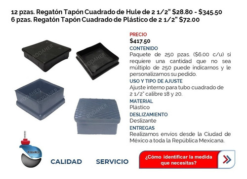 Regatón Tapón Cuadrado De Hule Y Plástico 2 1/2 Paq. 6 Y 12