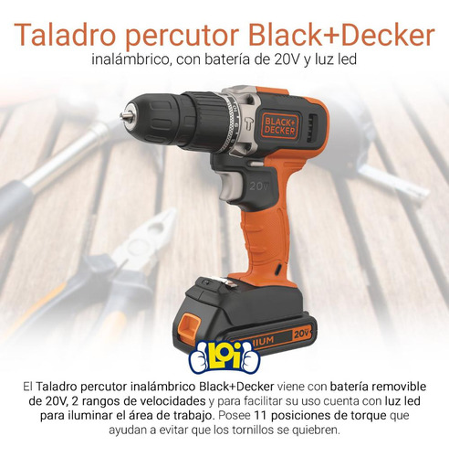 Taladro percutor atornillador inalámbrico de 10mm Black+Decker BCD704C1 20V + accesorios 110V/220V