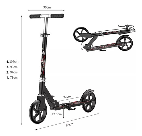 Scooter Monopatín De Pie Plegable Ajustable Jovenes Adultos Color Negro