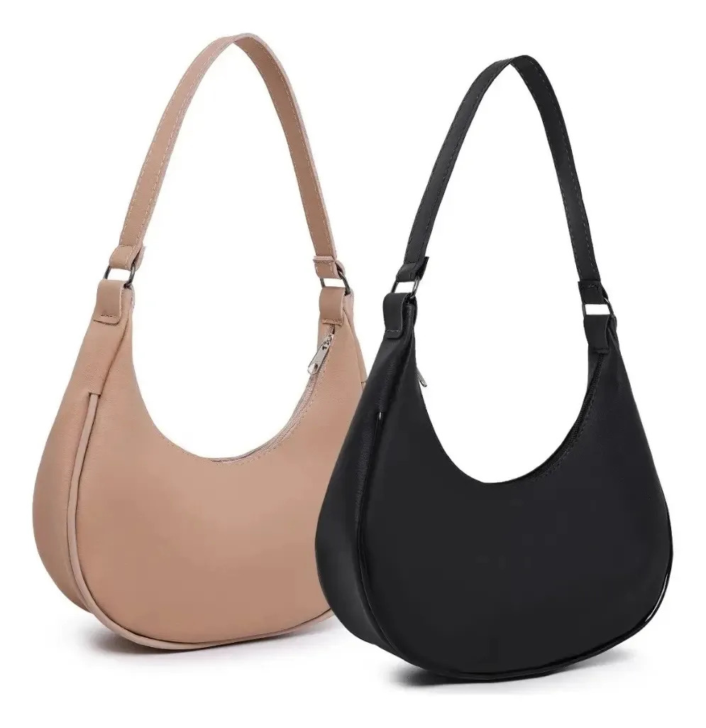 Kit 2 Bolsas Feminina Meia Lua De Ombro E De Mão Tendência Nude/preto Níquel