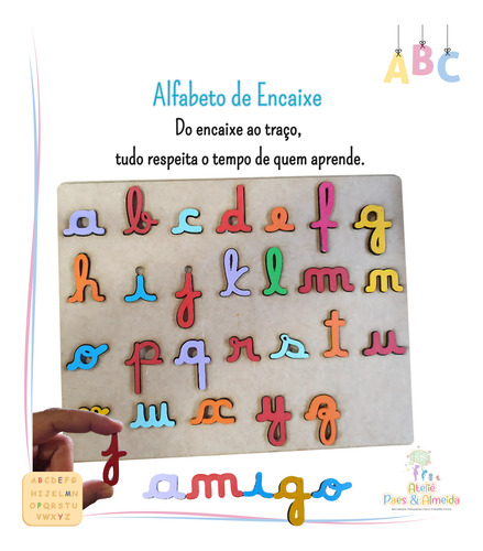 Alfabeto De Encaixe Artesanal - Cursivo Minúsculo Em Madeira