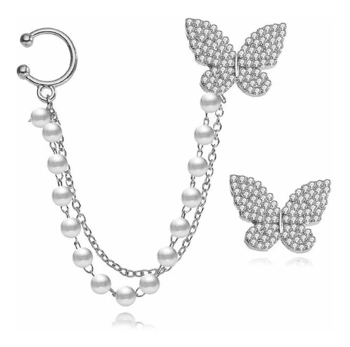 Aretes Mujer Earcuff Solitario Par De Mariposas 2 En Uno