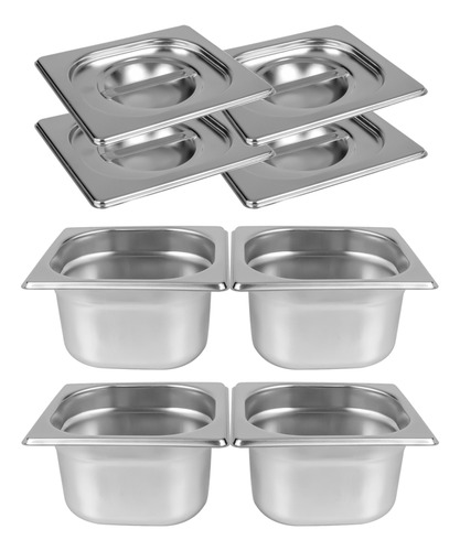 Kit De 4 Cubas Gastronômicas Com Tampa Buffet Inox 1/6 65mm