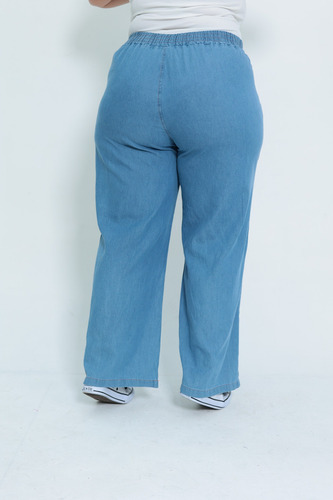 Calça Reta Jeans Pantalona Wide Leg Elástico Cintura
