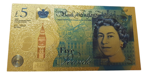 Billete Coleccionable 5 Libras Inglaterra Detalles Color Oro
