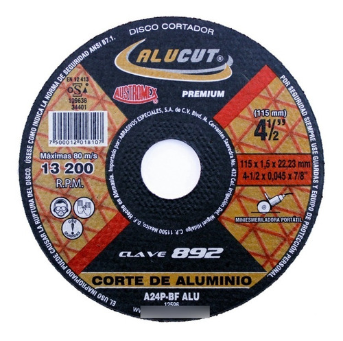 Disco Corte Plano Aluminio Austromex 892 4-1/2  00101105