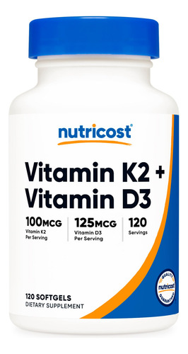 Nutricost K2 Mk7 100 Mcg Y Vitamina D3 5000 Ui 120 Cápsulas