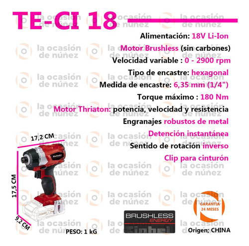 Llave Atornillador Impacto Einhell Bateria 18v Te-ci 18 Inal