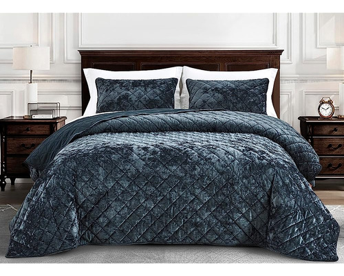 Chezmoi Collection Lux Storm Blue Velvet Quilt Queen Set, 3 