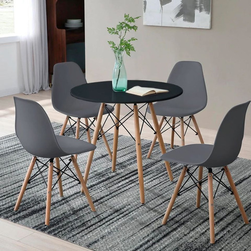 Juego Comedor Mesa Eames Redonda Negra 100cm 4 Sillas Eames