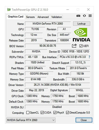 Tarjeta Gráfica Rtx 2060 Gddr6, 6 Gb Peladn