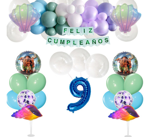 Combo Globos Cumpleaños Temático Moana Celeste Kit Deco 9 Moana