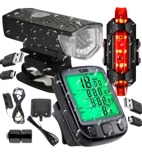Kit Bike Farol Lanterna Recarregável E Velocimetro Noturno
